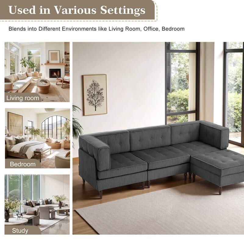 UIXE 4 - Piece Corduroy Sectional Sofa with Flip-Top Storage Ottoman Coffee Table