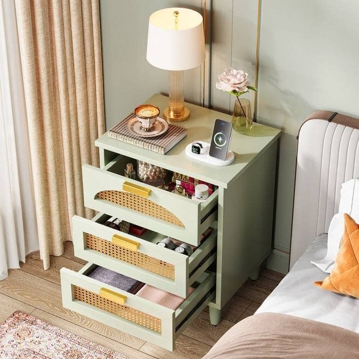 Retro Green 3 Drawer Nightstand with Rattan Accents and Gold Handles Modern Farmhouse Style