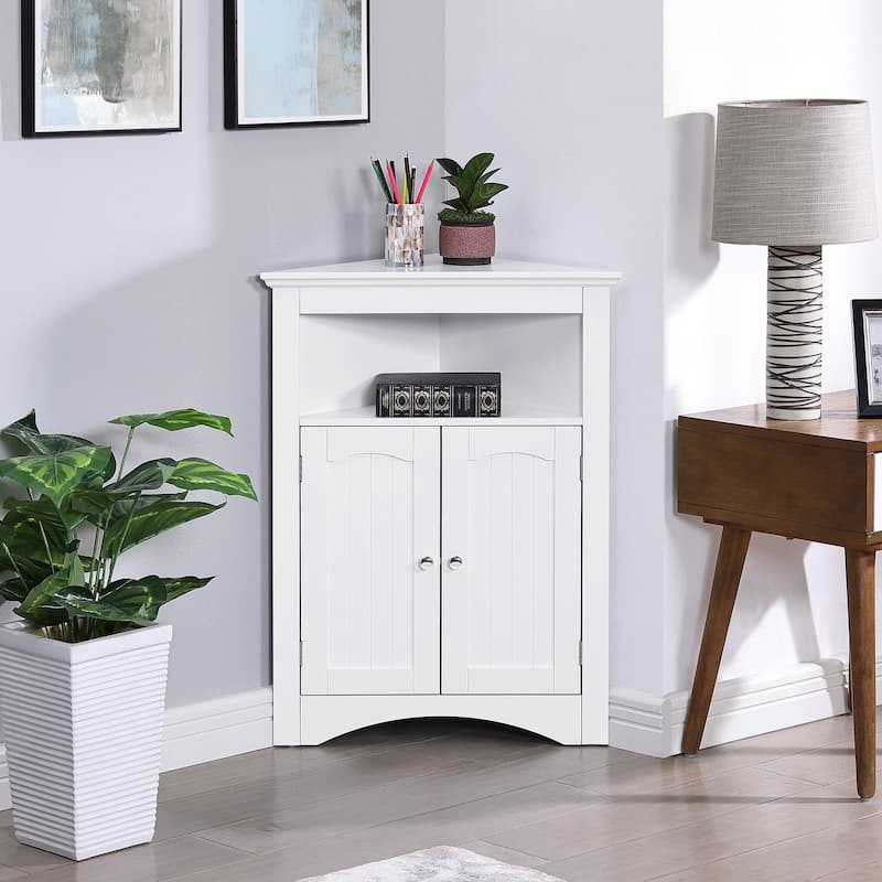 Free-Standing Corner Storage: Perfect for Bathroom, Kitchen, and Living Room. Features Doors, Shelves