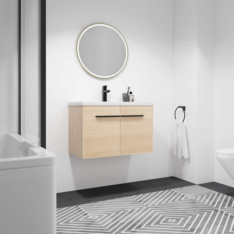 Fully Assembled Black 30 Inch Bathroom Vanity with Ceramic Countertop Sink, Oak 2 Doors Bathroom Cabinet Set