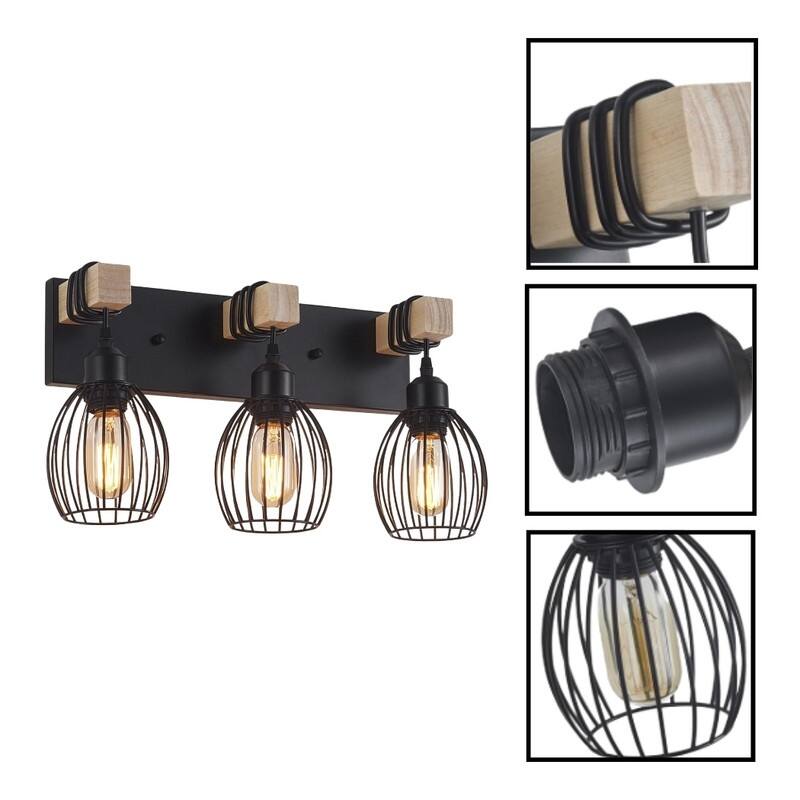 3 Light bulb light black wall sconce metal, wood wall light