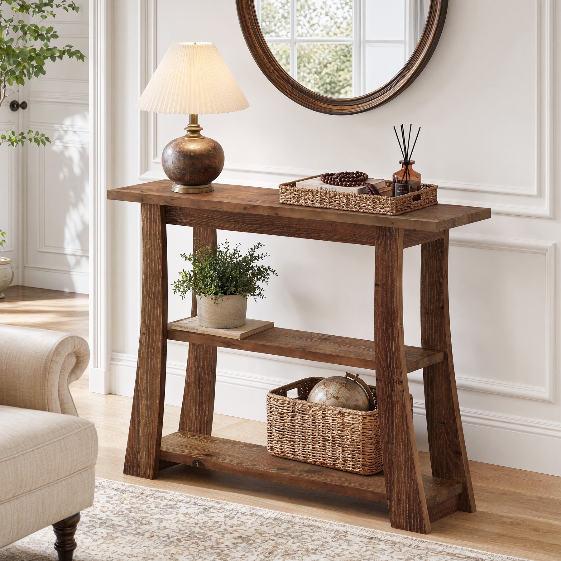 Solid Wood Console Table with Storage Shelves, 3-Tier Entryway Sofa Table for Living Room