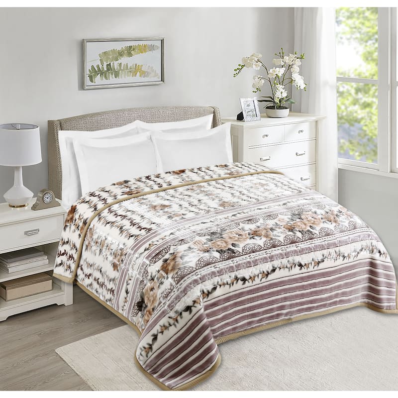 Empyrean Velvet 2 Ply Heavy Reversible Printed Raschel Blanket - Queen - Beige Floral