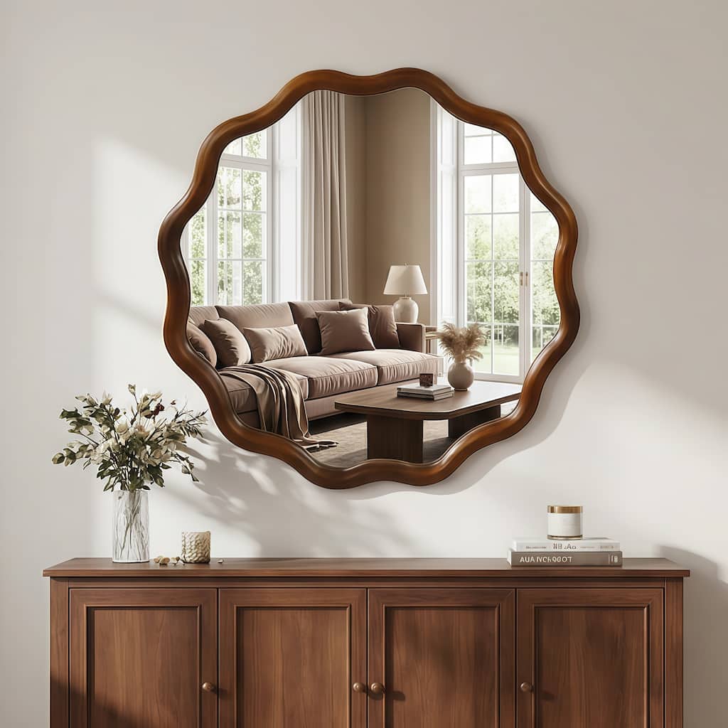 24 inch Wavy Round Solid Wood Frame Decorative Mirror,For Bedroom, Bathroom, Living Room, Entryway