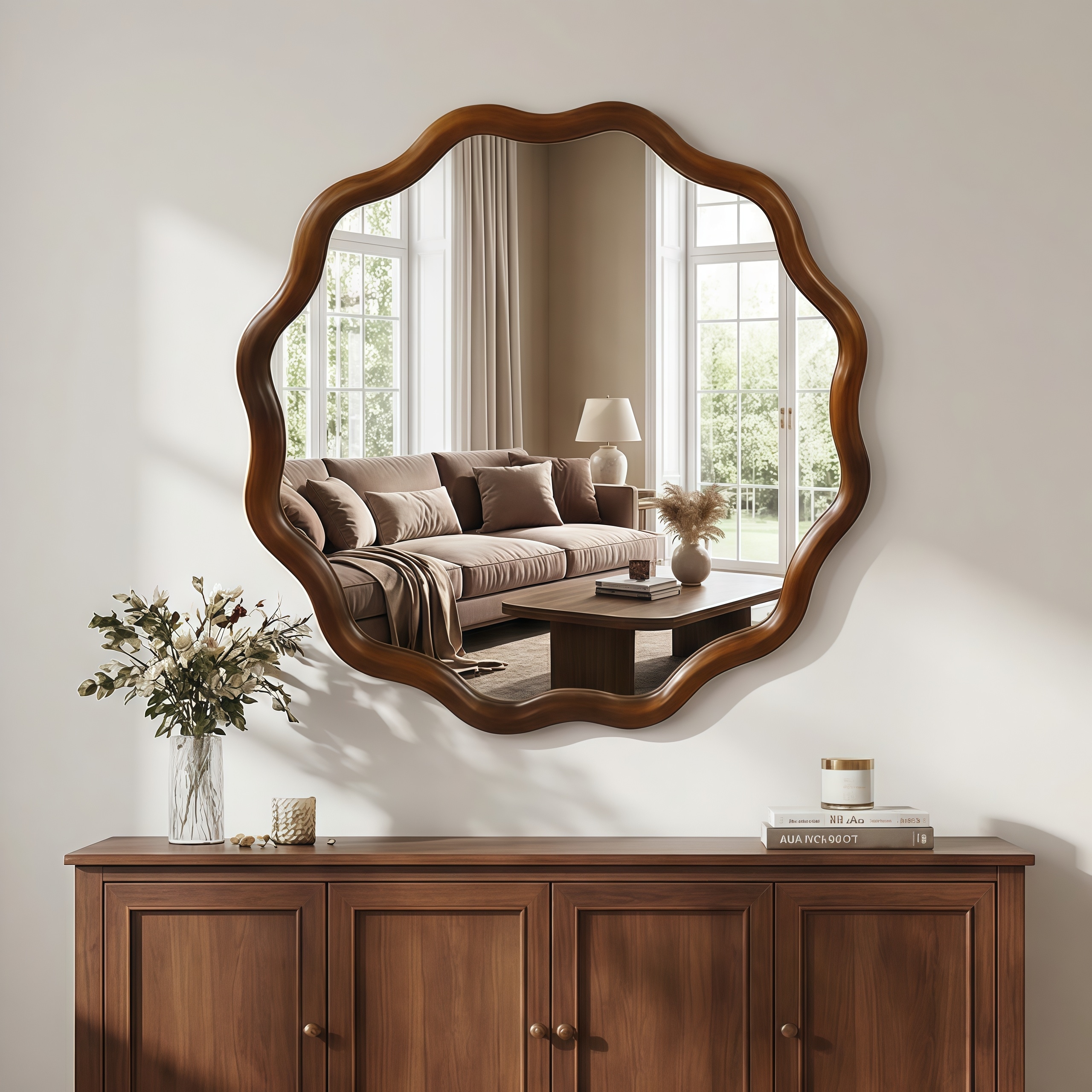 24 inch Wavy Round Solid Wood Frame Decorative Mirror for Bedroom, Bathroom, Living Room, Entryway (Black Walnut Wood Color)
