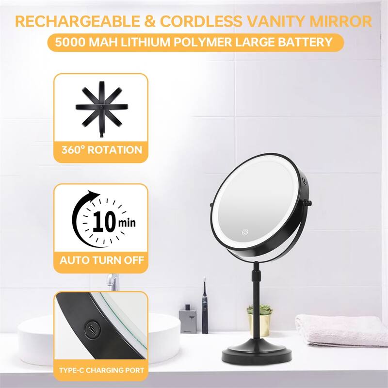 9" Lighted Makeup Double Sided 1X/10 Magnification Mirror, 3 Lighting