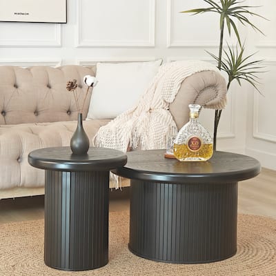 Modern Round Coffee Table Set Double Table Combination Coffee Table with Fluted Table Leg, for Living Room