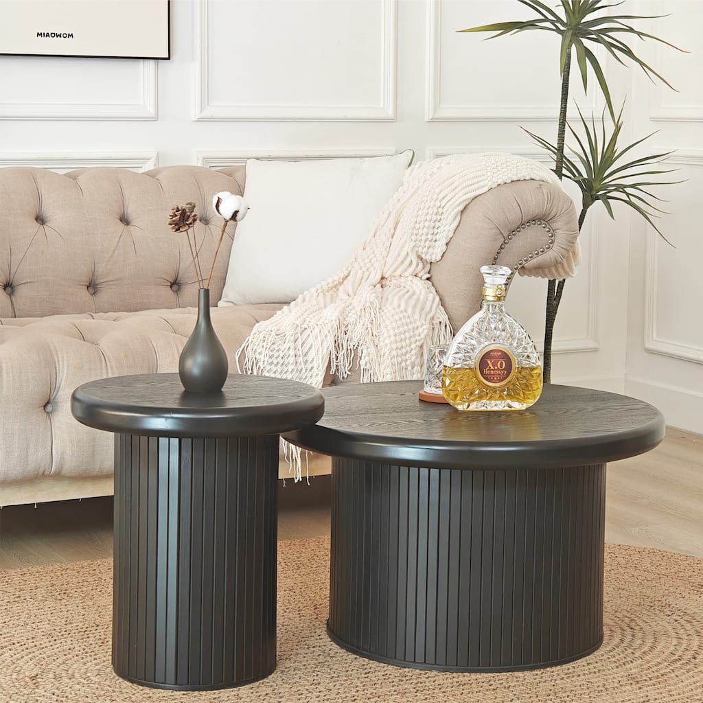 Roomfitters Modern Round Coffee Table Set with Fluted Leg Design, 2-Piece Dual Table Combination, Black Finish