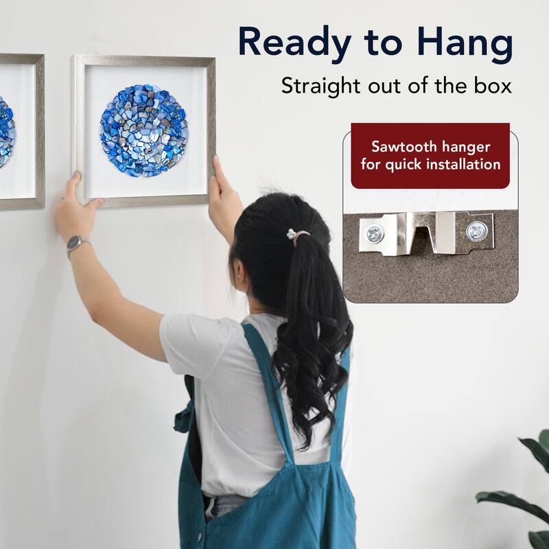 American Art Decor Blue Seashell Mosaic 3D Textured Wall Art with Champagne Frame, 2 Piece Set for Coastal Beach Theme Decor