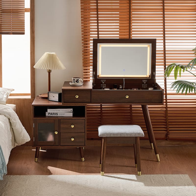 3-in-1 Vanity Desk with Lighted Flip-Top Mirror & Retractable Side Cabinet, Vanity Set with Stool & Storage Drawers