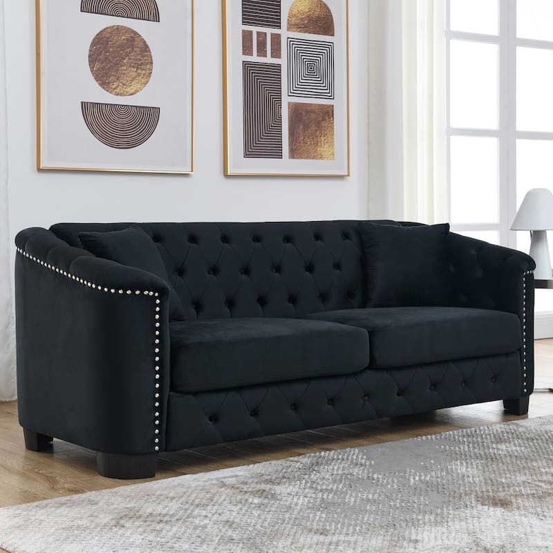 77" Velvet 3-Seater Sofa with Nailhead Arms and 2 Pillows