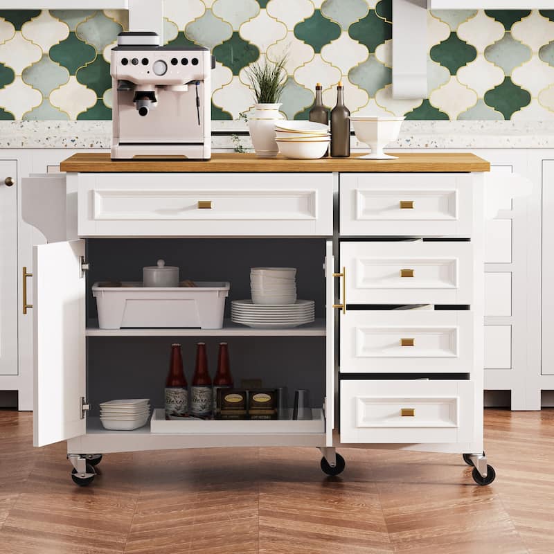 Haloi MDF Rolling Kitchen Island with Drop Leaf and 5 Drawers(52-in x30-in x36-in) - White