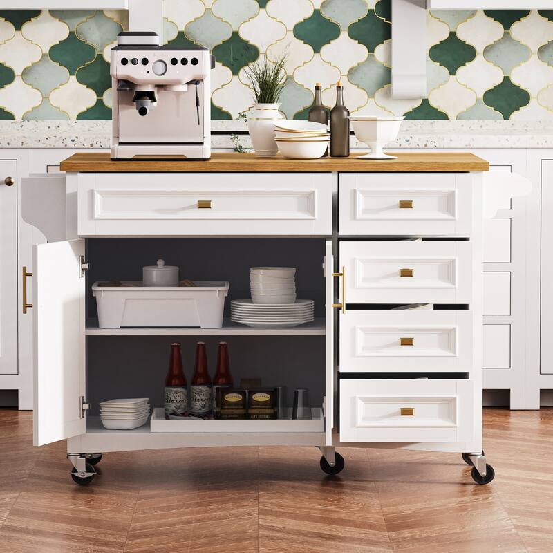 Kitchen Island with Drop Leaf, Adjustable Shelf, Embossed Texture Rolling Storage Cabinet w/Spice Rack & Towel Rack for Kitchen