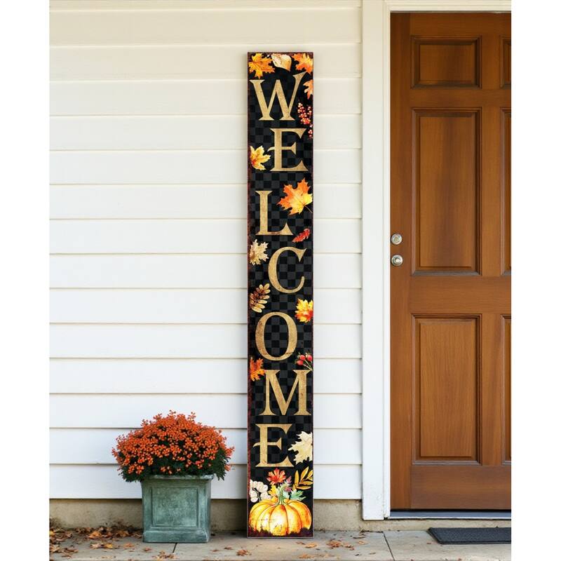 HomeRoots 72" Black Gold And Orange Solid Wood Welcome Leaves Porch Sign - Orange/Gold/Black - Wood