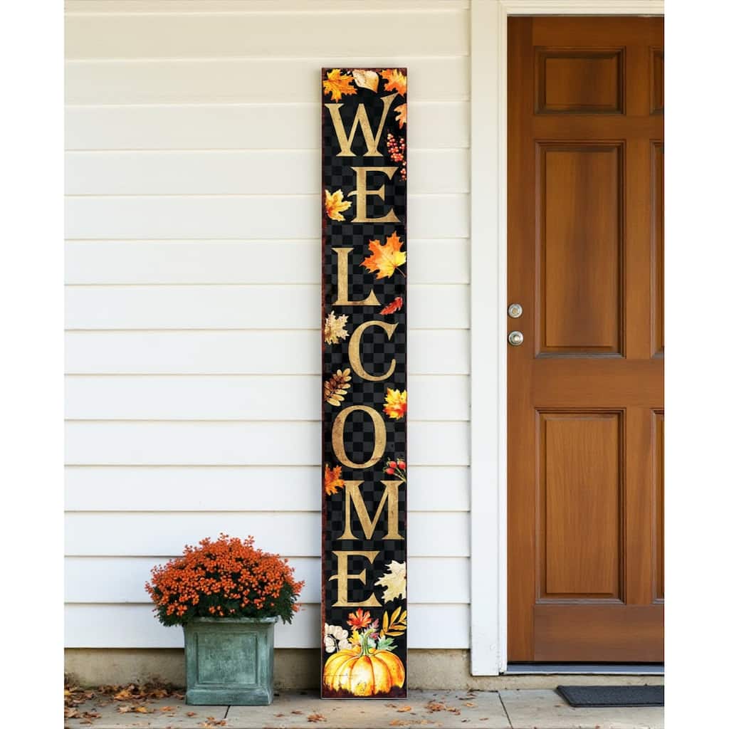 HomeRoots 72" Black Gold And Orange Solid Wood Welcome Leaves Porch Sign