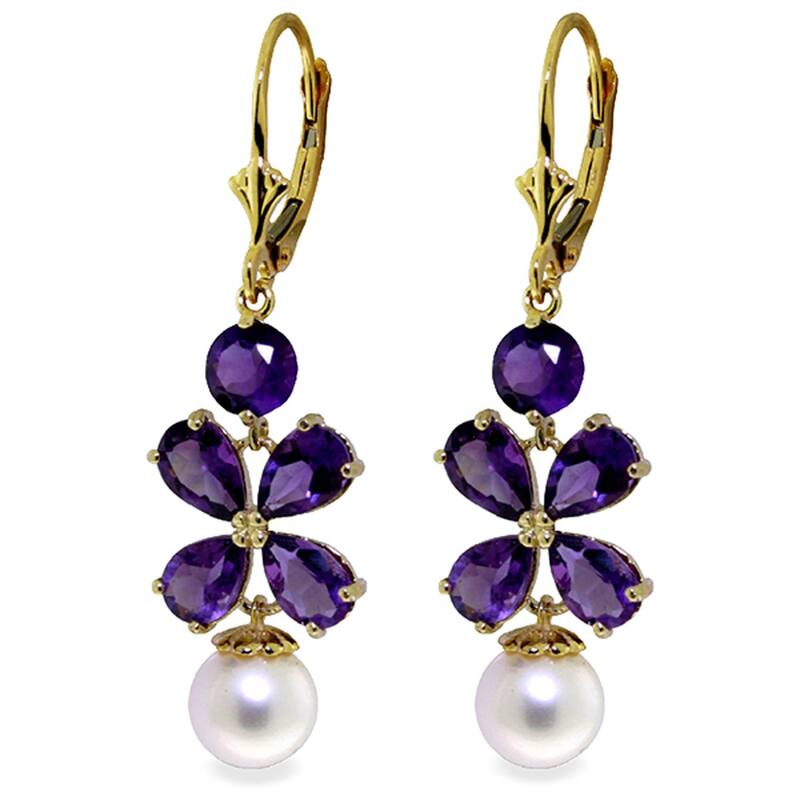 6.28 Carat 14K Solid Gold Chandelier Gemstone Earrings Amethyst Pearl - Yellow