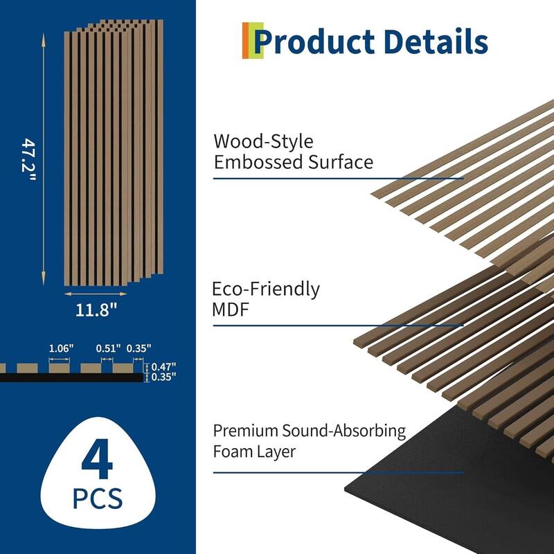 47.2" x 11.8" 3D Fluted Wood Slat Acoustic Soundproof Wall Panels for Noise Reduction