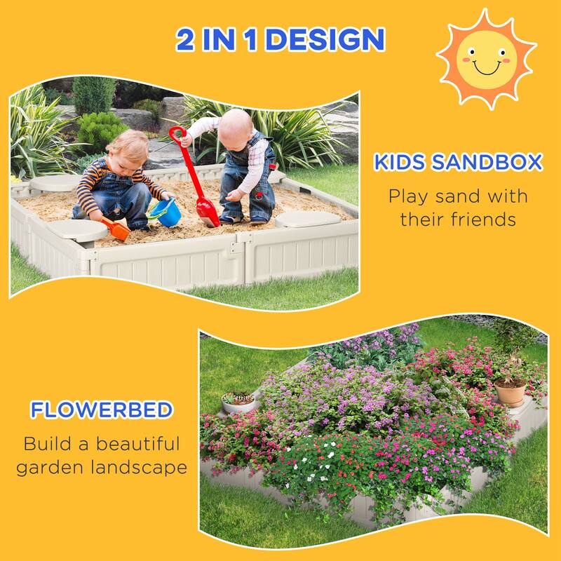 Cream White HDPE Kids Sandbox with Four Semicircular Seats Outdoor Play Sandpit with Waterproof Cover Ages 3 to 12