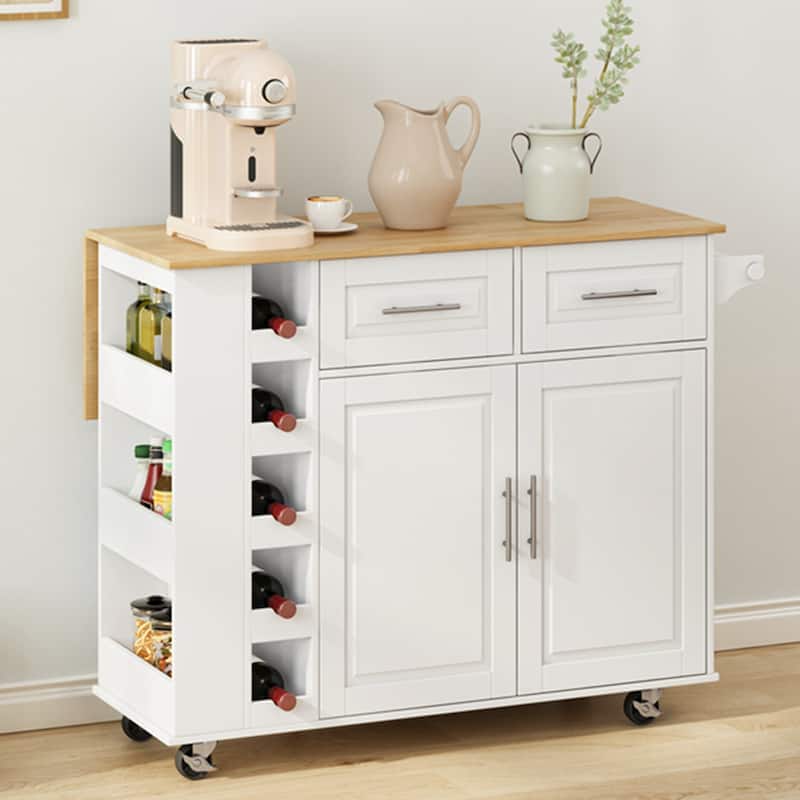 Drop Leaf Kitchen Cart, White Kitchen Island on Wheels w/ Wine Storage