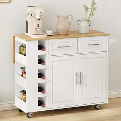 Rolling Island Cart with Foldable Table Top, Kitchen Island Cart on Lockable Wheels with 5-Tier Wine Rack, 2 Door & 2 Drawers