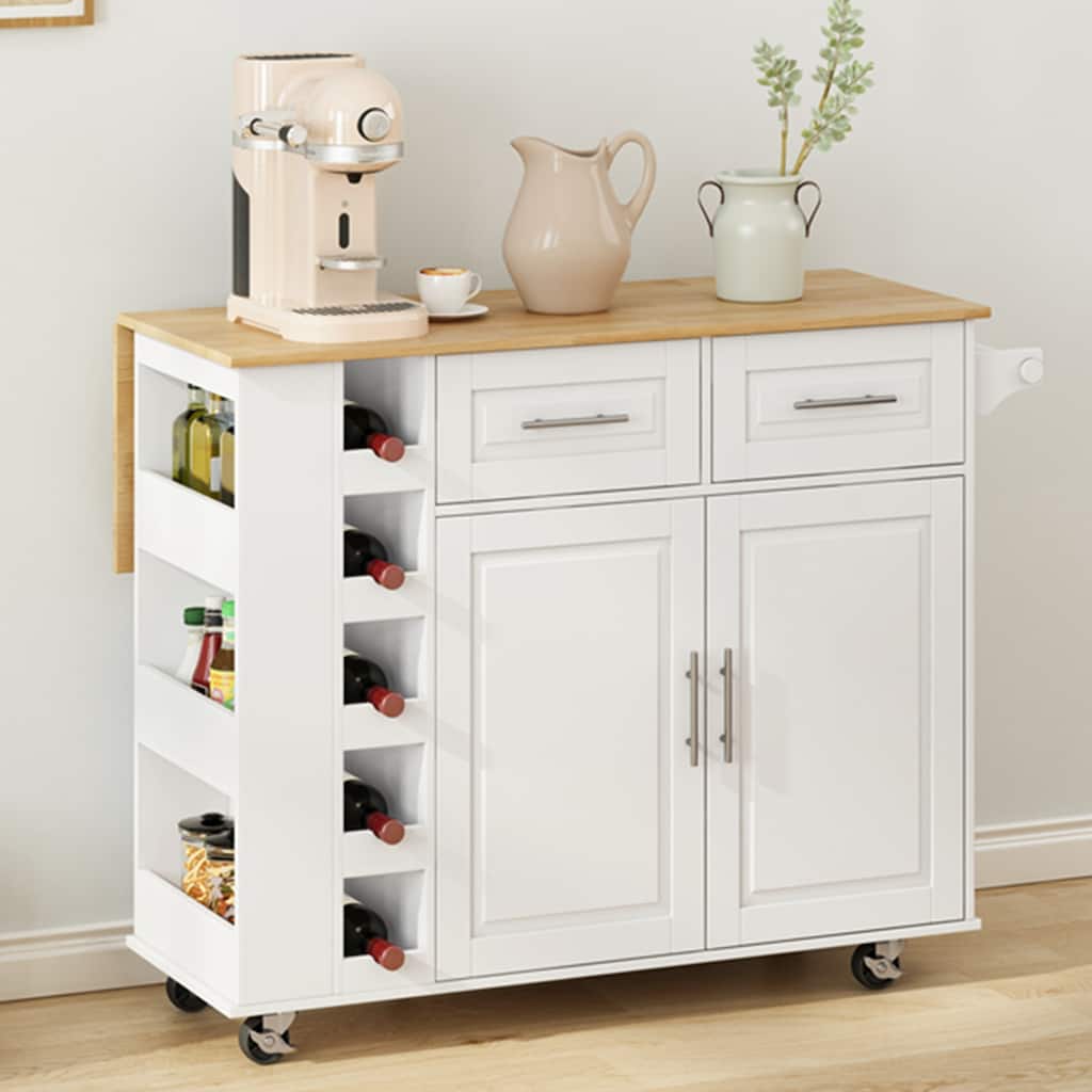 Rolling Island Cart with Foldable Table Top, Kitchen Island Cart on Lockable Wheels with 5-Tier Wine Rack, 2 Door & 2 Drawers