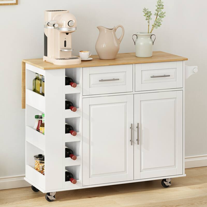 Rolling Kitchen Island Cart with 5-Layer Wine Rack, Adjustable Spice Rack, Towel Holder & Foldable Rubberwood Table Top - White
