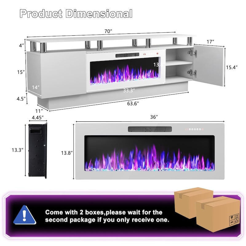 BOSSIN 70" Modern Electric Fireplace TV Stand, with Electronic Flame and LED Lights, High Gloss Finish Entertainment Center