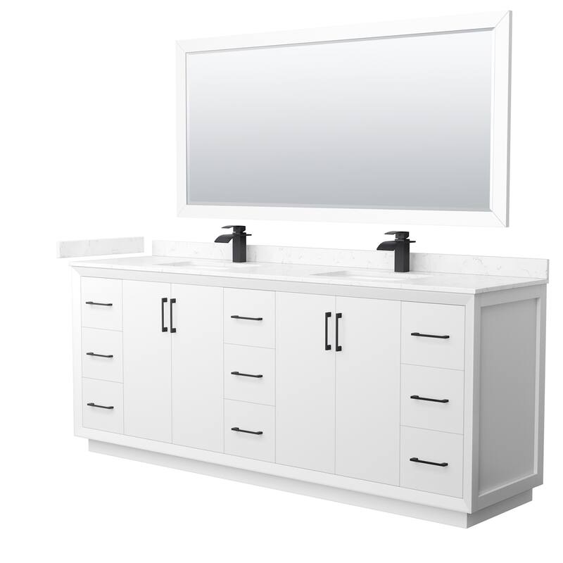 Wyndham Collection WCF414184D-VCA-UNSM70 Strada 84" Free Standing - White / Carrara Cultured Marble Top / Matte Black - Painted