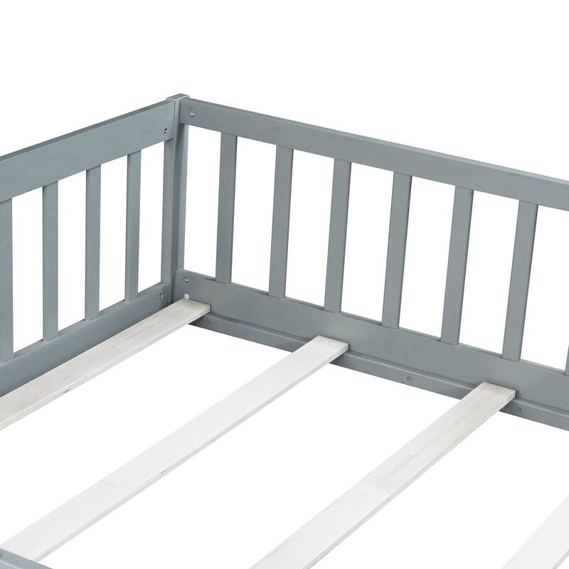 Roomfitters Twin/Full/Queen Rubber Wood Floor Bed with Fence and Swing Door, Safety Guardrails, Low Profile Design