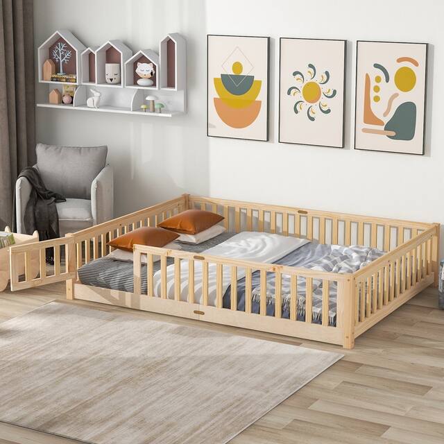 Twin/Full/Queen size Floor Platform Bed with Fence and Door for Kids, Toddlers - Natural - Queen