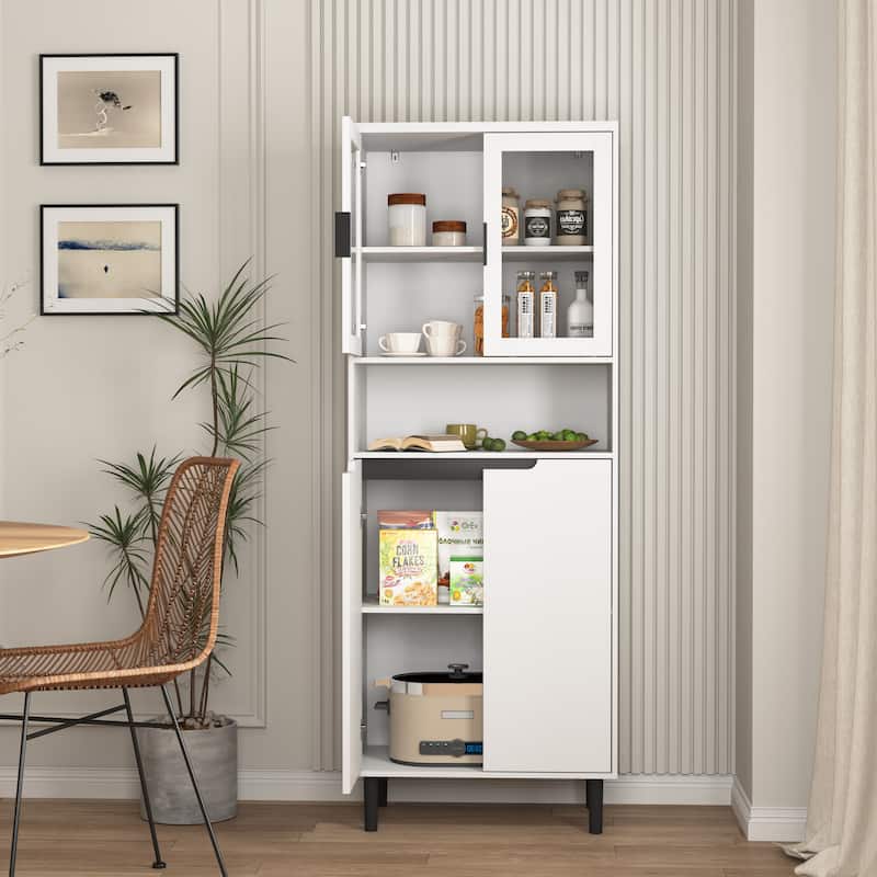 Anmytek White 4-Door Tall Storage Cabinet, Tempered Glass Doors, Adjustable Shelves, MDF Bookcase for Living Room Bedroom
