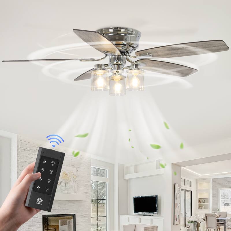 52" Modern Indoor Chrome Flush Mount Reversible Chandelier Ceiling Fan with Light and Remote