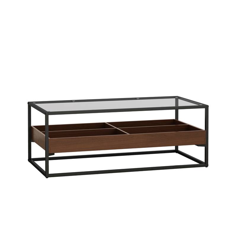 Glass Coffee Table with storage shelf and metal table legs