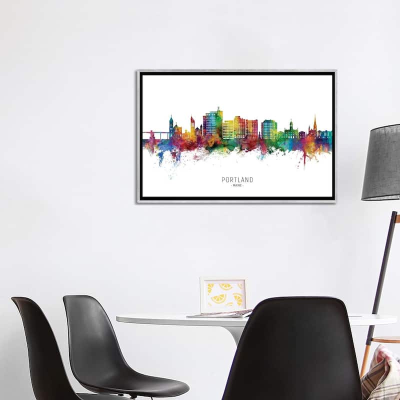 iCanvas "Portland Maine Skyline City Name" by Michael Tompsett Framed