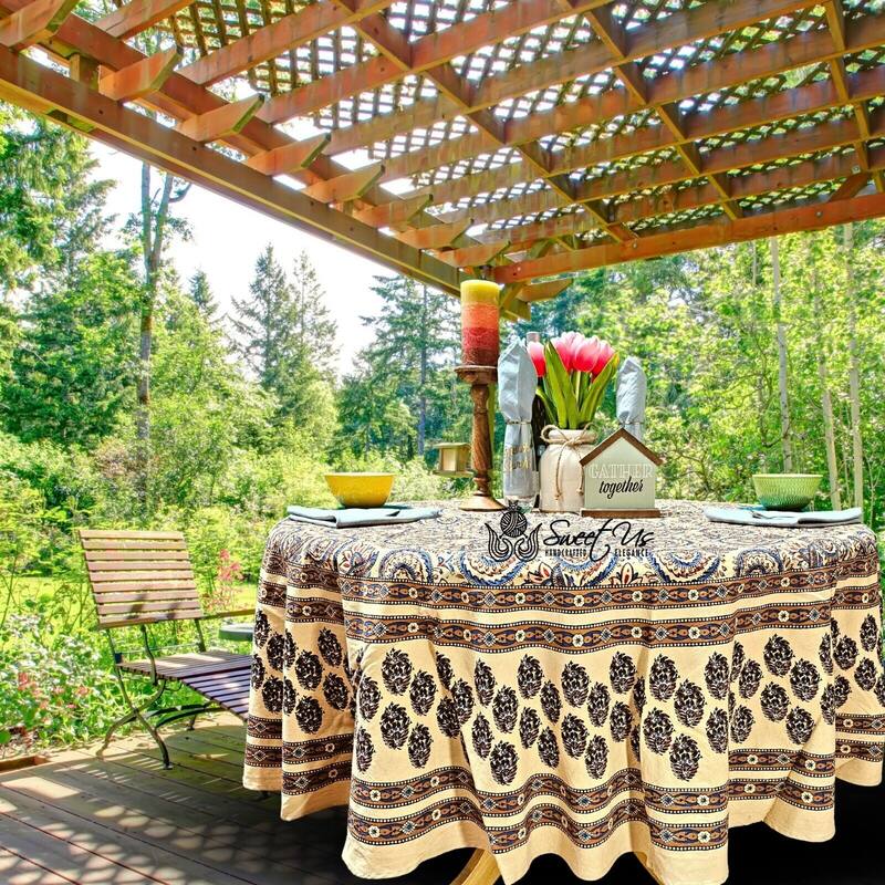 Earthy Spiral Floral Block Print Cotton Tablecloth Collection