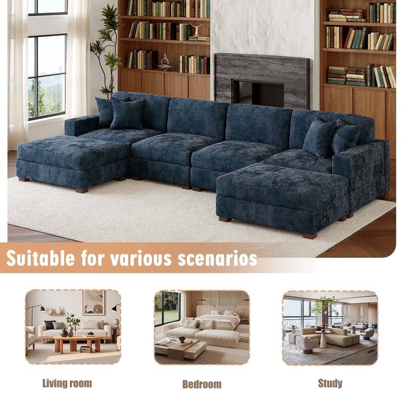 Oversized Chenille Modular Sectional Sofa Conversation Set with 2 Ottomans