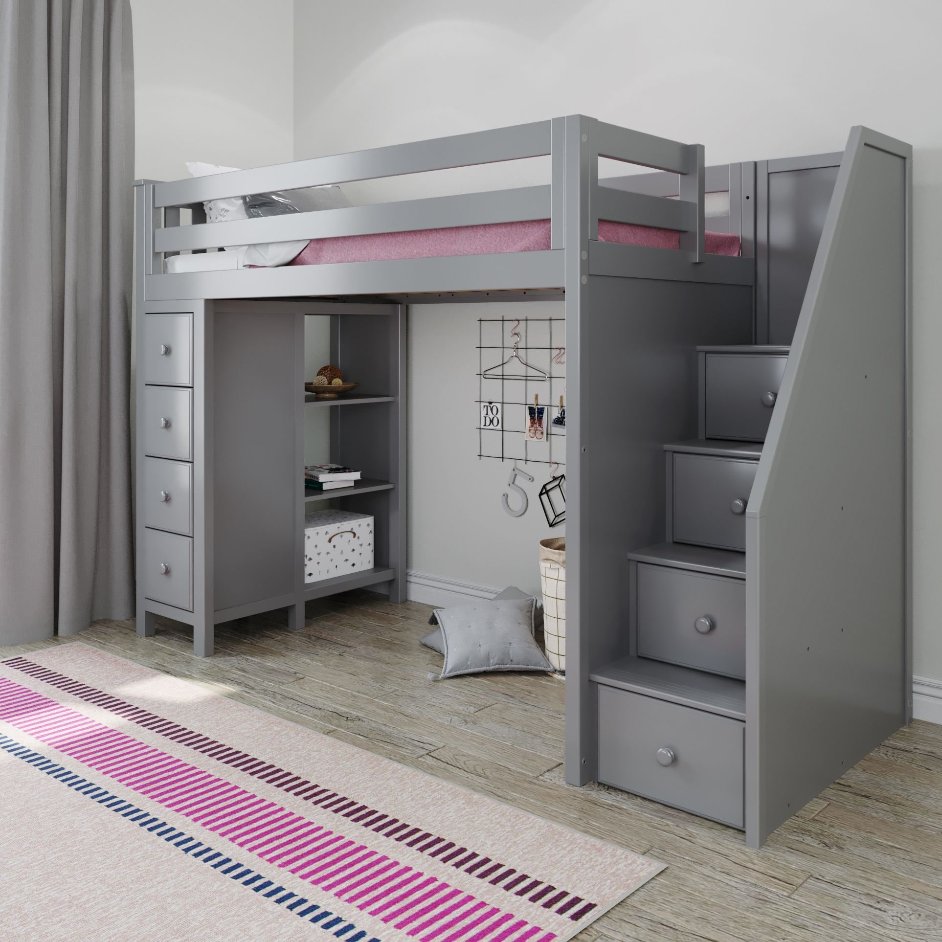 A light gray loft bed with stairs on the right, storage drawers on the right, and a shelving area underneath. Similar layout to others with pastel decor in a child’s room.