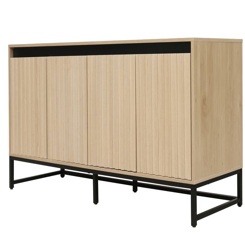 LED Sideboard Buffet Cabinet Storage Cabinet w/ Adjustable Shelf, Carved Cupboard Console Table for Living Room Hallway, Natural