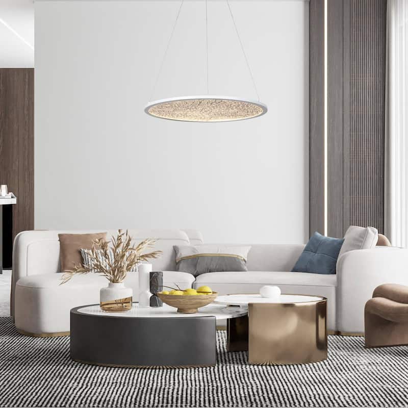 Modern 1-Light White Round LED Chandelier Minimalist Pendant Lights for Dining Room - 17.5" D x 61.5" H