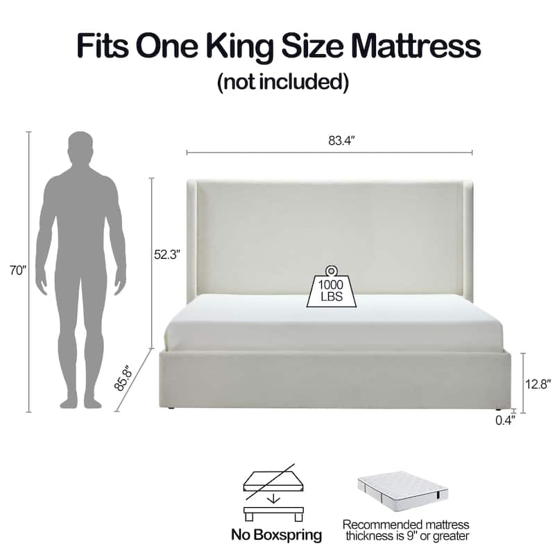 Christopher Knight Home - Carmen Upholstered Wingback Platform Bed Frame, Textured Ivory Chenille, No Box Spring Needed