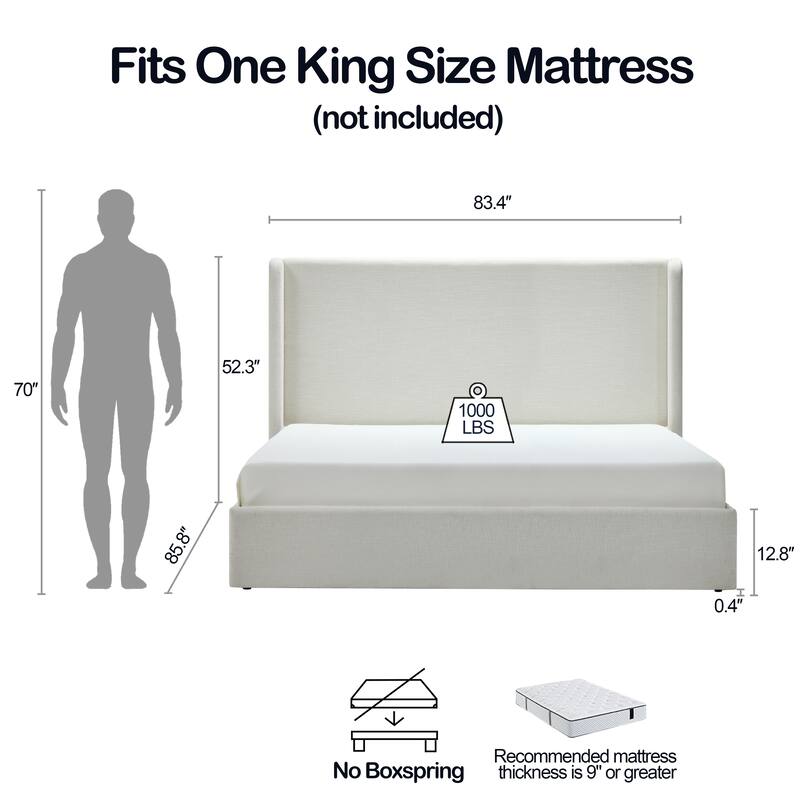 Tall Headboard Wingback Upholstered Platform Bed Frame Elegant Textured for Bedroom Strong Wood Slats Support
