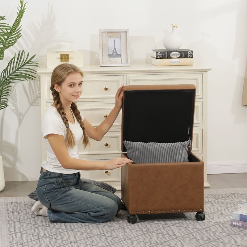 Adeco Bonded Leather Storage Ottoman Square Tufted Cube Footstool