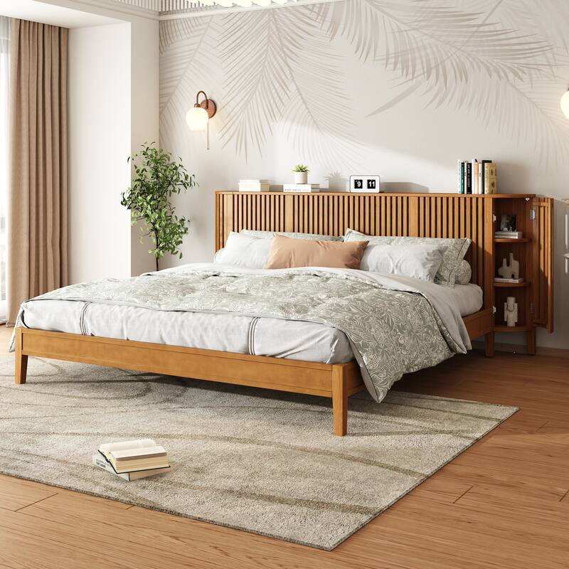 Christopher Knight Home - Theodosia Solid Wood Bedframe with Slat headboard and Side Storages - Natural - King