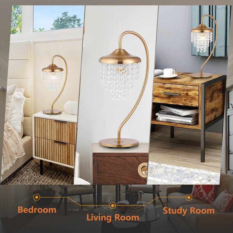 21" Modern Gold Crystal Arched Table Lamp with Dimmable Switch