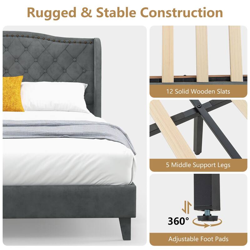 Gymax Queen Upholstered Platform Bed Frame w/ Button Tufted Headboard