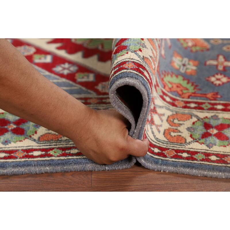 Geometric Blue Kazak Oriental Foyer Rug Hand-Knotted Wool Carpet - 3'4" x 4'11"
