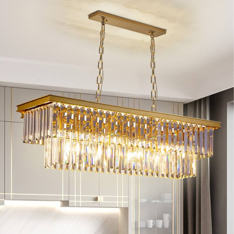 Gold Rectangle Crystal Chandelier, Luxury Pendant Light for Dining Room, Bulbs Included