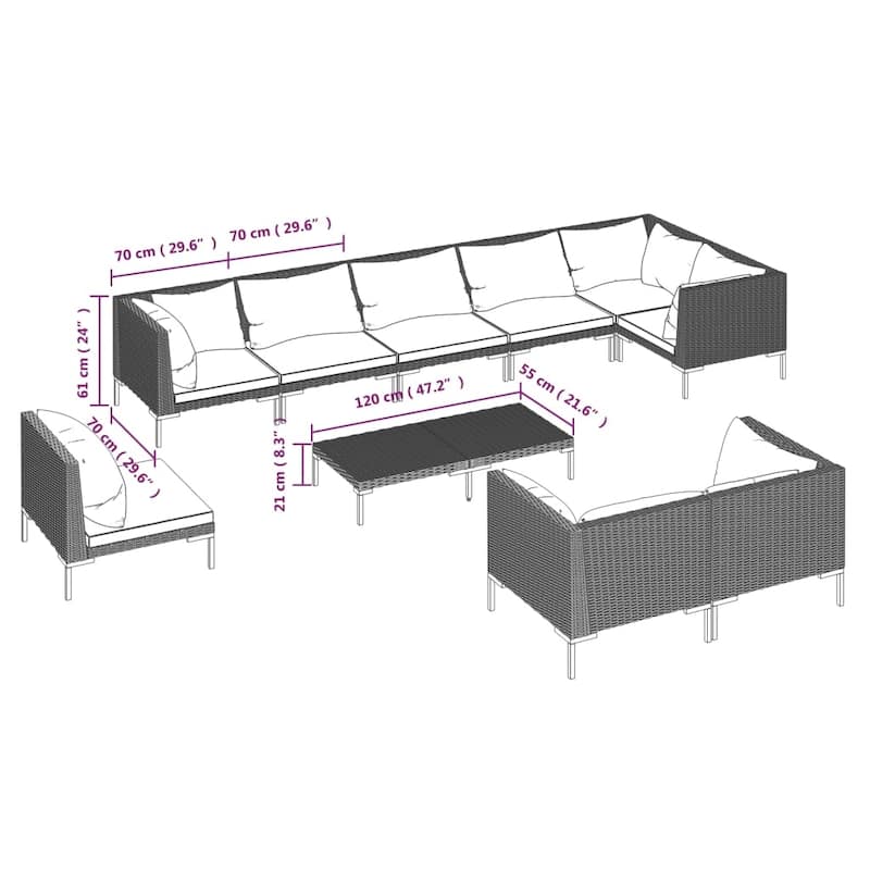 vidaXL Patio Lounge Set Outdoor Sectional Corner Sofa Poly Rattan Dark Grey - 27.6" x 27.6" x 24"