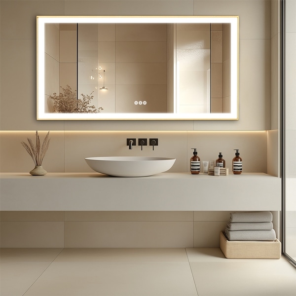Smart LED Light Bathroom Mirror with Golden Narrow Frame - On Sale