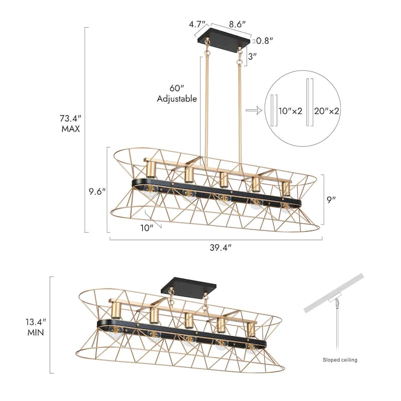 Modern Black Gold 5-Light Chandeliers Geometric Pendant Light Fixtures for Dining Room - 39.4 " × 10 " × 9.6 "